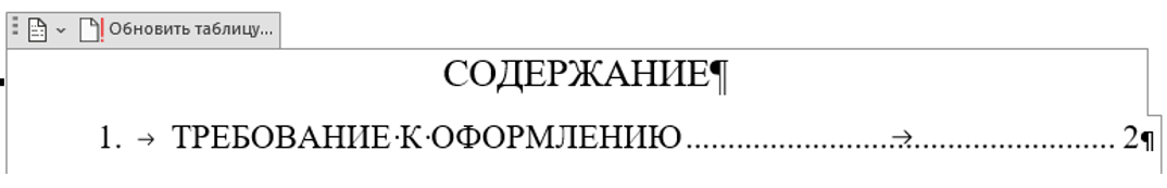 Пример оформления содержания